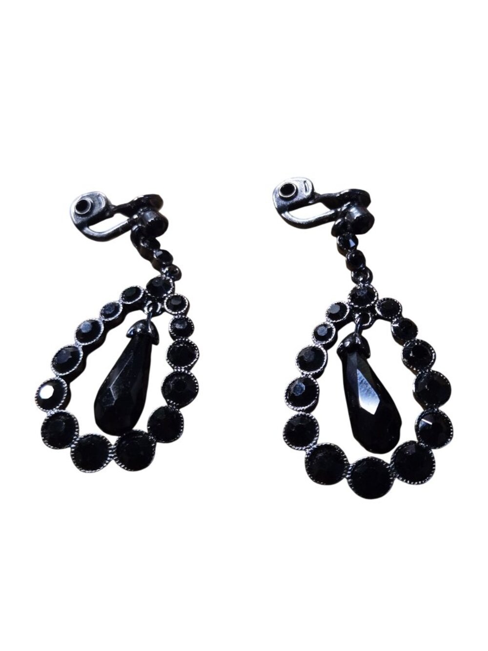 Vintage Mid Century Monet Gun Metal Black Faceted Glass Dangle Clip Earrings